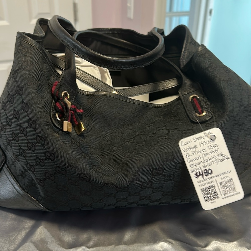GUCCI 1990'S  VINTAGE GG CANVAS/LEATHER LARGE PRINCY TOTE W WEBBING DETAIL